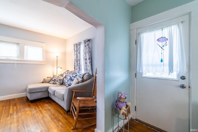 entryway with baseboards, wood finished floors, and a wealth of natural light