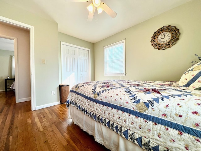 2119 Windwood Dr, Bedford, IN 47421 - bedroom with a closet, baseboards, a ceiling fan, and wood finished floors