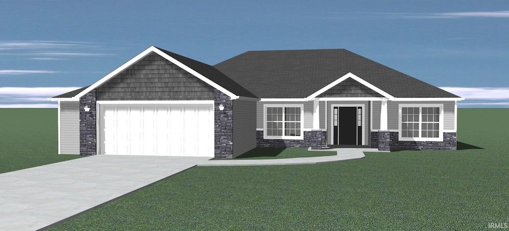 view of front of home featuring a front yard, stone siding, a garage, and concrete driveway