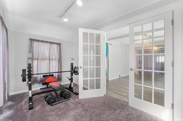 3930 Abbott St, Fort Wayne, IN 46806 - workout room featuring french doors, baseboards, and carpet flooring
