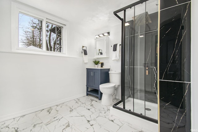 214 Parkwood Ln, South Bend, IN 46619 - bathroom with toilet, a shower stall, marble finish floor, and vanity