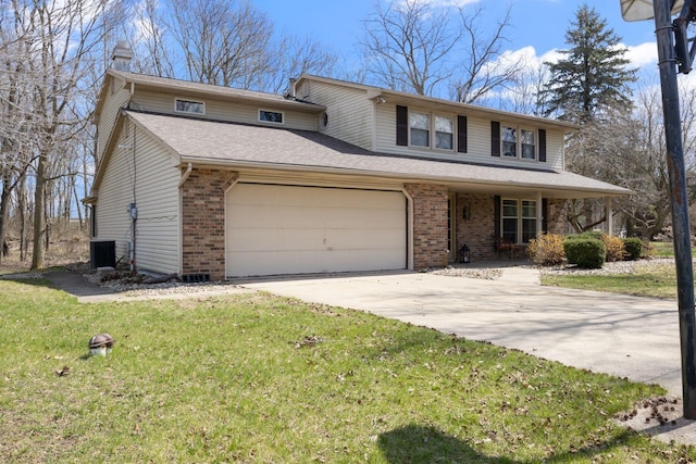 traditional home featuring an attached garage, brick siding, central AC, and concrete driveway