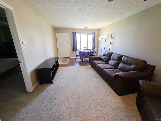 living area with carpet, a textured ceiling, and baseboards