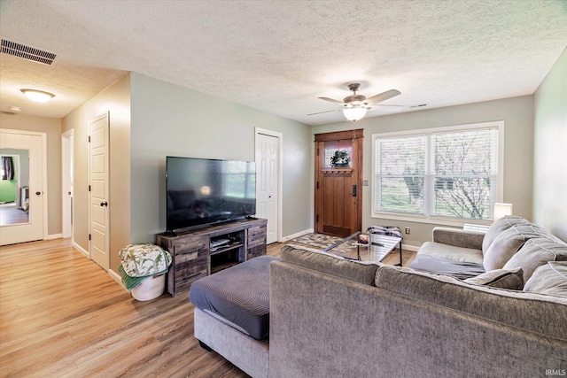 living area featuring a ceiling fan, a textured ceiling, light wood finished floors, baseboards, and visible vents