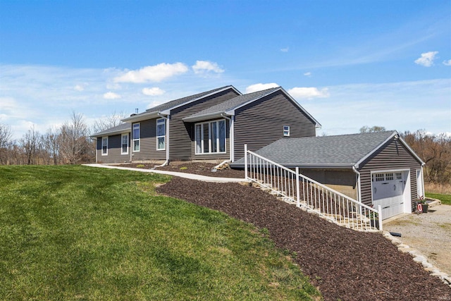 6891 E Hopewell Rd, Avilla, IN 46710 - ranch-style home featuring a garage, dirt driveway, a shingled roof, and a front yard