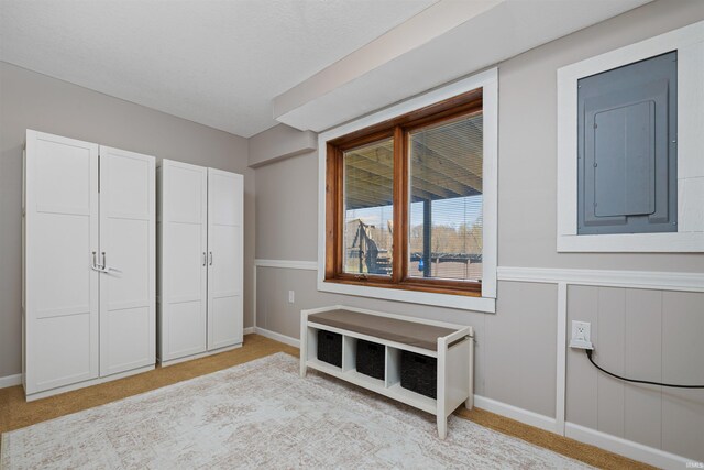 6891 E Hopewell Rd, Avilla, IN 46710 - unfurnished bedroom featuring electric panel, baseboards, light carpet, and wainscoting