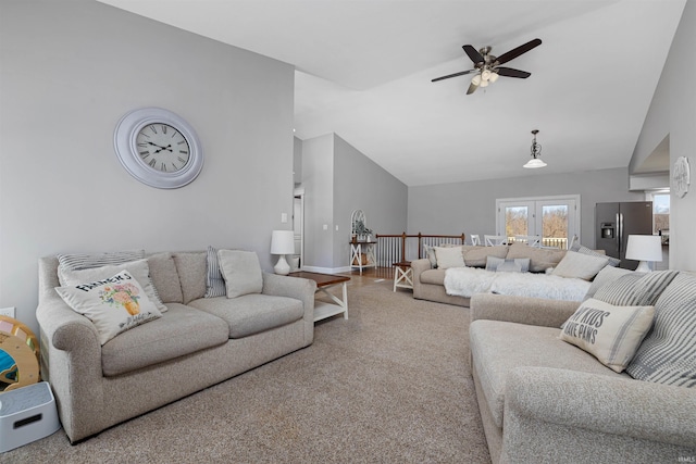 6891 E Hopewell Rd, Avilla, IN 46710 - living room with lofted ceiling, baseboards, ceiling fan, and french doors