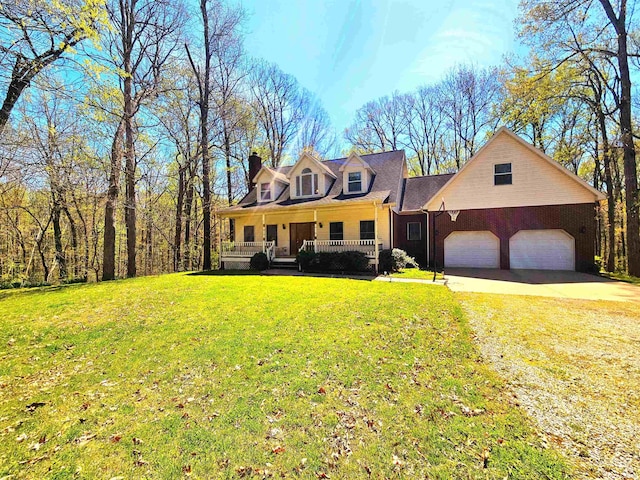 cape cod home featuring driveway, a front lawn, covered porch, and a garage