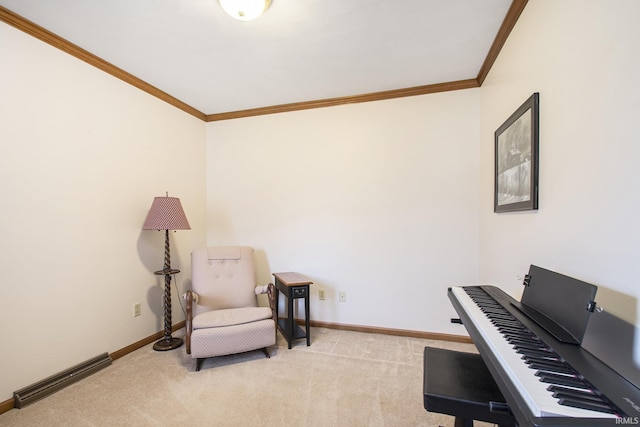 sitting room with light carpet, baseboards, ornamental molding, and visible vents