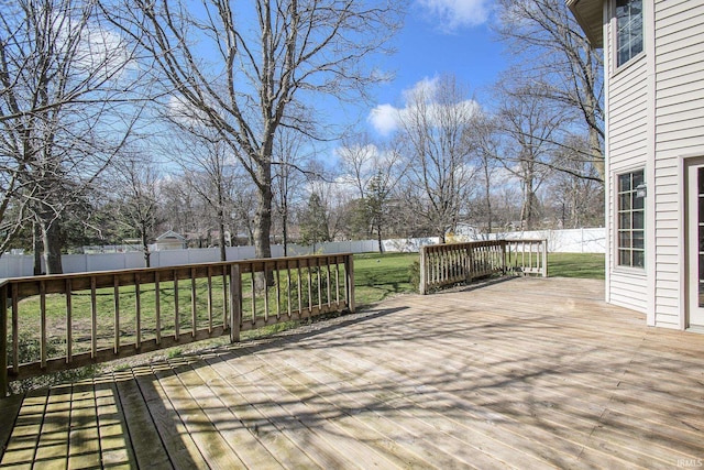 wooden terrace featuring a yard and a fenced backyard