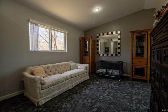 10510 E Orange St, Monterey, IN 46960 - living room with baseboards, dark carpet, and lofted ceiling