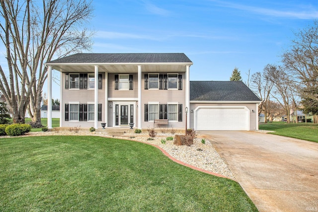 22486 Fireside Dr, Goshen, IN 46528 - greek revival inspired property featuring driveway, roof with shingles, a front yard, and a garage
