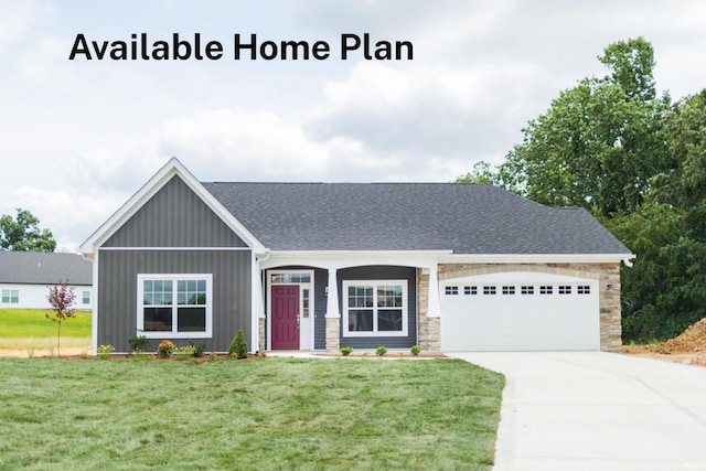 4801 S Abington Ave, Bloomington, IN 47403 - view of front of house featuring concrete driveway, an attached garage, a shingled roof, board and batten siding, and a front yard