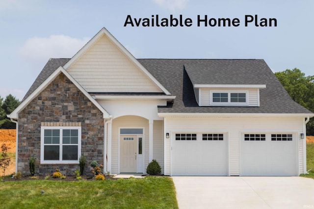 4801 S Abington Ave, Bloomington, IN 47403 - craftsman-style home with a shingled roof, a front lawn, concrete driveway, stone siding, and a garage