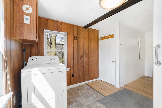 8763 E Backwater Rd, North Webster, IN 46555 - washroom with baseboards, wood walls, laundry area, and washer / dryer