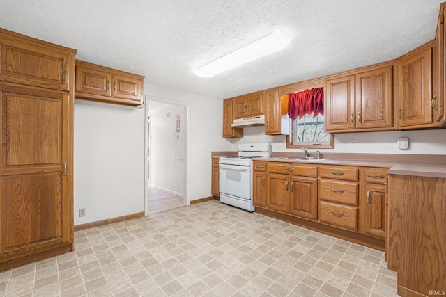 8763 E Backwater Rd, North Webster, IN 46555 - kitchen with brown cabinets, under cabinet range hood, white range with gas cooktop, and a sink