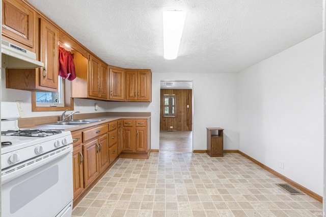 8763 E Backwater Rd, North Webster, IN 46555 - kitchen with a sink, white range with gas cooktop, brown cabinets, light countertops, and under cabinet range hood