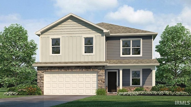 craftsman-style home with a front lawn, driveway, stone siding, a garage, and roof with shingles