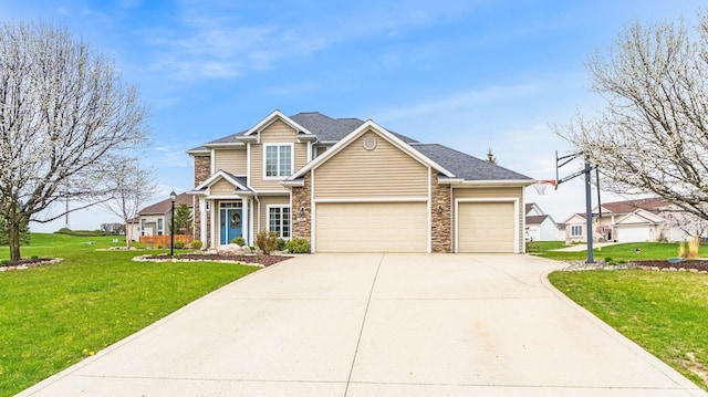 craftsman house with concrete driveway, stone siding, a front yard, and a garage