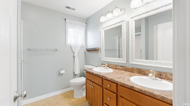 full bathroom featuring visible vents, a sink, double vanity, and toilet