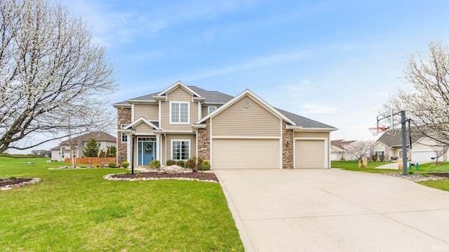 craftsman-style house with concrete driveway, a front lawn, stone siding, and a garage