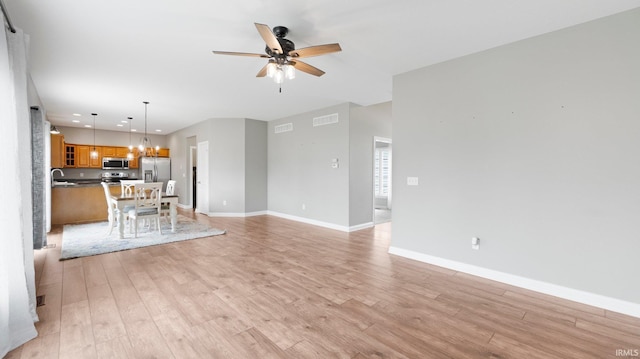 unfurnished living room with visible vents, a sink, light wood-style floors, and ceiling fan
