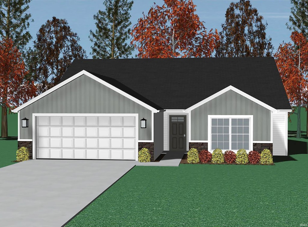 view of front facade featuring a front lawn, driveway, stone siding, and an attached garage