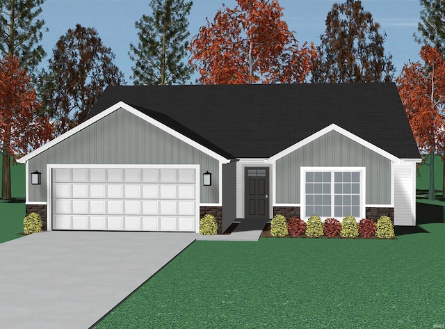 view of front facade featuring a front lawn, driveway, stone siding, and an attached garage