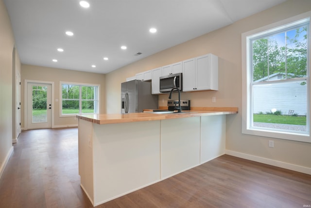 kitchen featuring appliances with stainless steel finishes, a peninsula, wood finished floors, and a wealth of natural light
