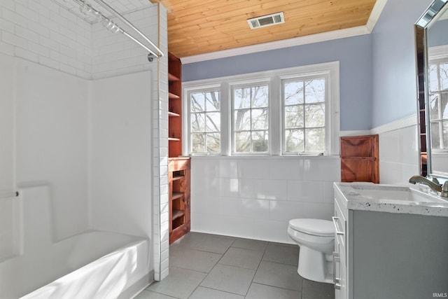 bathroom featuring tile patterned floors, toilet, tile walls, visible vents, and vanity