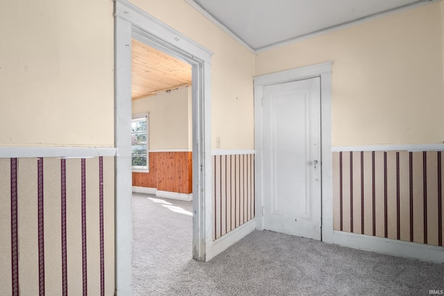 hall with carpet floors and a wainscoted wall