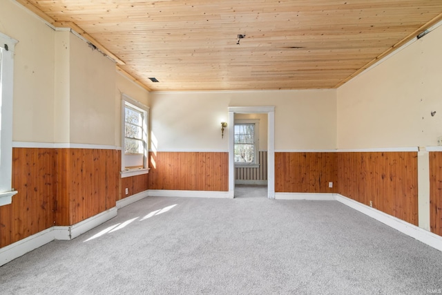 carpeted spare room featuring plenty of natural light, a wainscoted wall, and wood ceiling