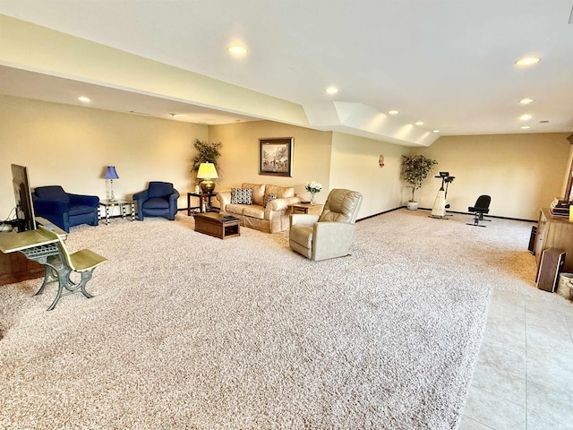 living room with baseboards, carpet floors, and recessed lighting