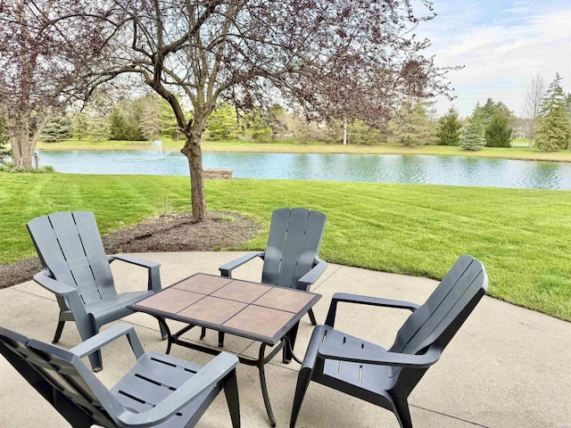 view of patio featuring a water view