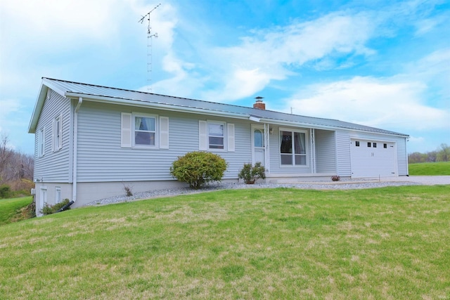 12176 E 350 N, Loogootee, IN 47553 - ranch-style home featuring an attached garage, a chimney, a front yard, and metal roof