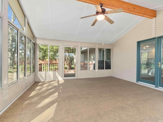 2801 W 700 S, Claypool, IN 46510 - unfurnished sunroom with lofted ceiling with beams, a ceiling fan, carpet flooring, and plenty of natural light