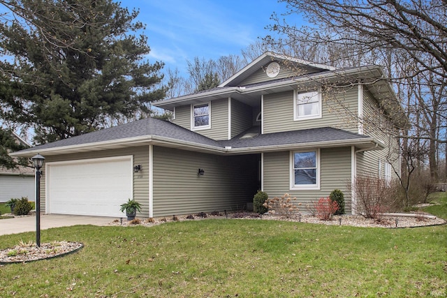 view of front of house featuring an attached garage, a front lawn, concrete driveway, and roof with shingles