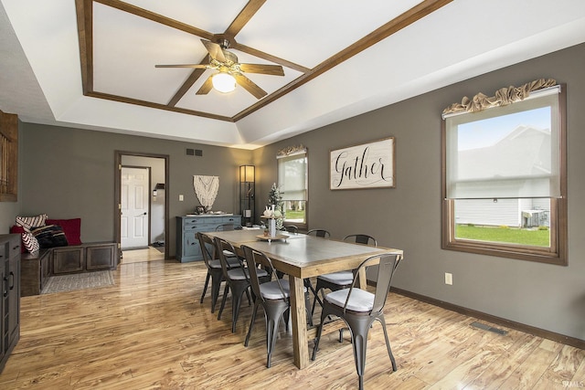 dining area with plenty of natural light, a ceiling fan, visible vents, and a raised ceiling