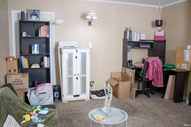 office space featuring crown molding and carpet flooring