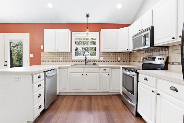 kitchen with a peninsula, a wealth of natural light, appliances with stainless steel finishes, and a sink