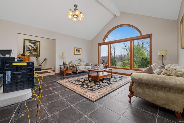 living area with baseboards, beam ceiling, high vaulted ceiling, and a notable chandelier