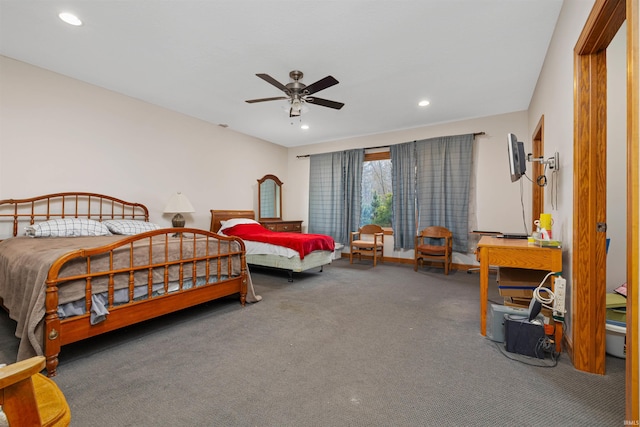 carpeted bedroom featuring recessed lighting and ceiling fan