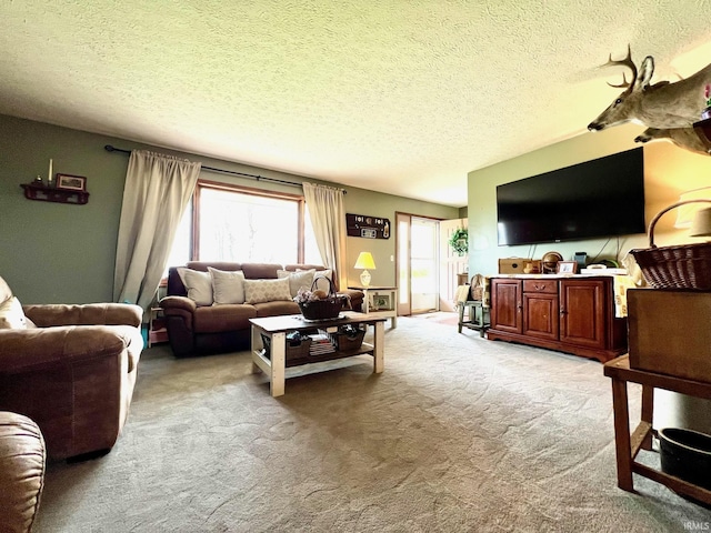living room featuring light carpet and a textured ceiling