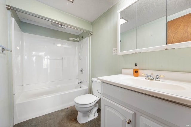 full bath featuring toilet, vanity, a textured ceiling, and shower / bathing tub combination
