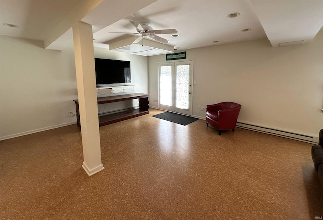 unfurnished living room featuring a baseboard radiator, baseboards, ceiling fan, and french doors