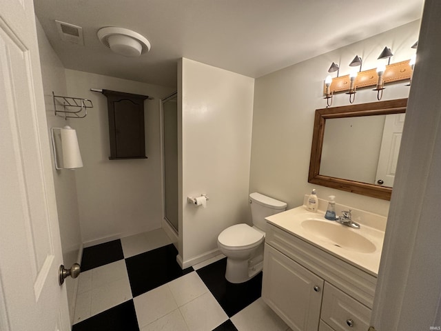 full bath featuring tile patterned floors, vanity, a shower with door, toilet, and visible vents