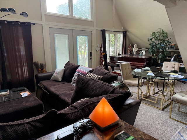 living area featuring high vaulted ceiling