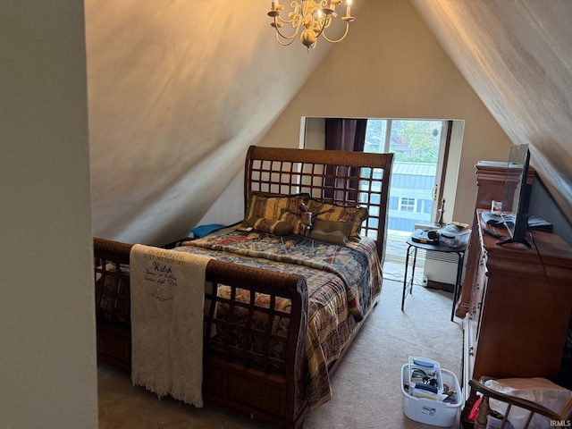 bedroom featuring vaulted ceiling, access to exterior, carpet flooring, and an inviting chandelier