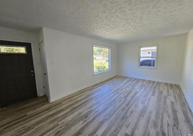 interior space featuring plenty of natural light, wood finished floors, and a textured ceiling