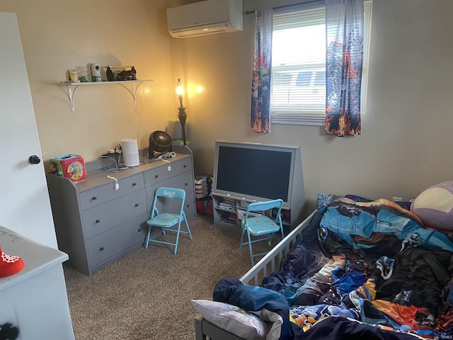 bedroom with a wall mounted air conditioner and carpet floors